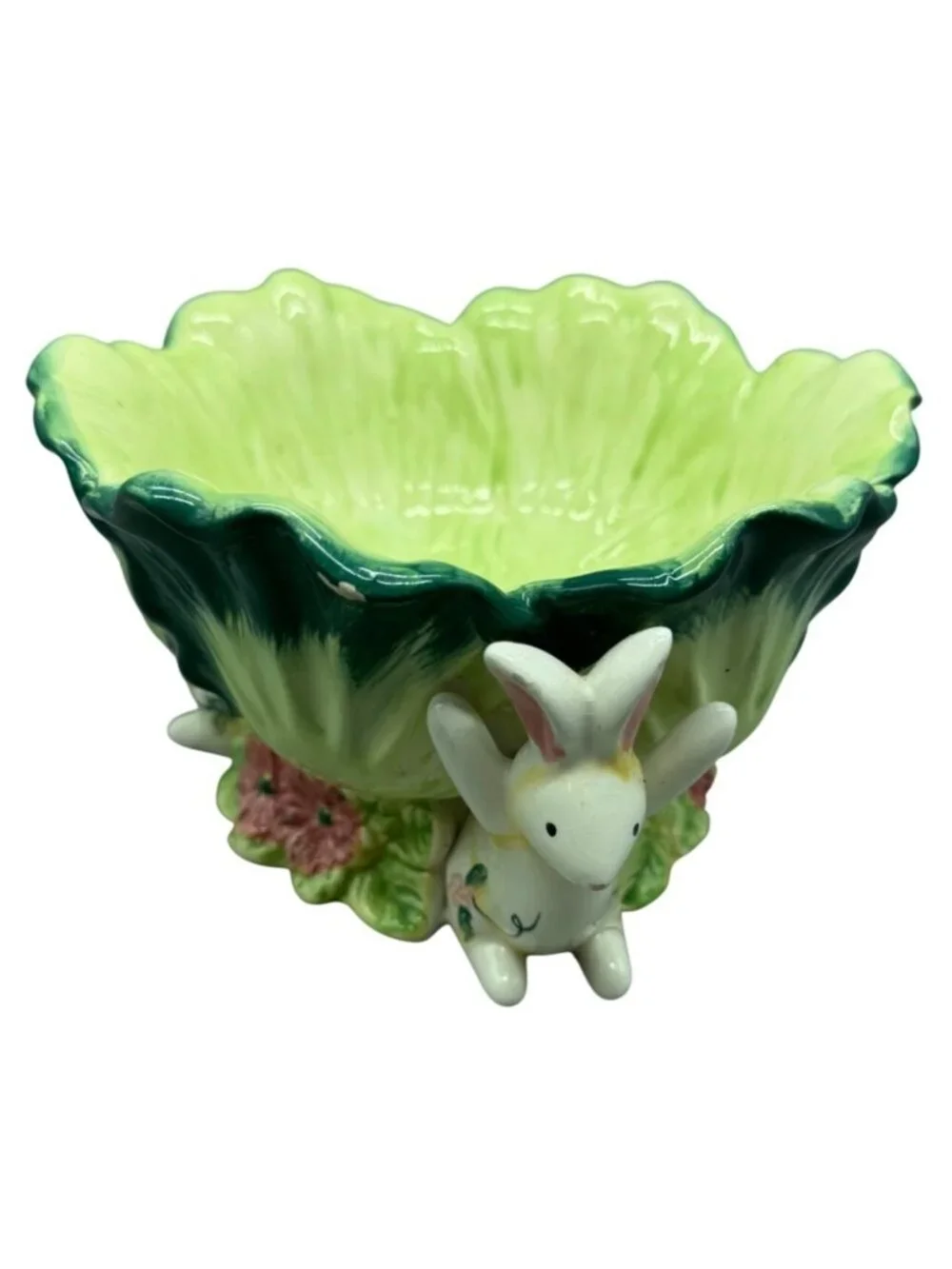 Decorative Green Ceramic Bowl With cabbage patch White Bunny candy dish READ